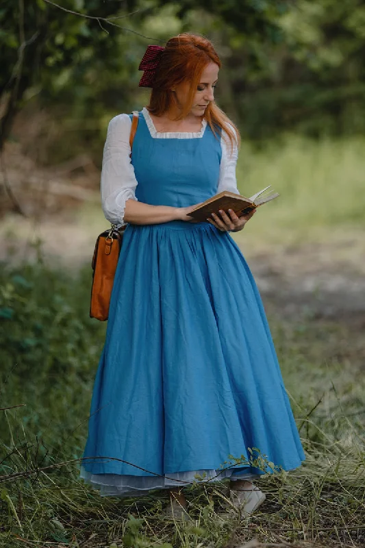 Women Blue Pleat Swing Belted Linen Dress 3502 Tunics Long Elegant