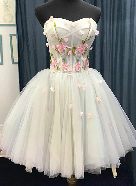 Beautiful Light Blue Short Sweetheart Homecoming Dress, Tulle Flowers Party Dress Tunics Summer linen Beautiful Light Blue Short Sweetheart Homecoming Dress, Tulle Flowers Party Dress Tunics Summer linen