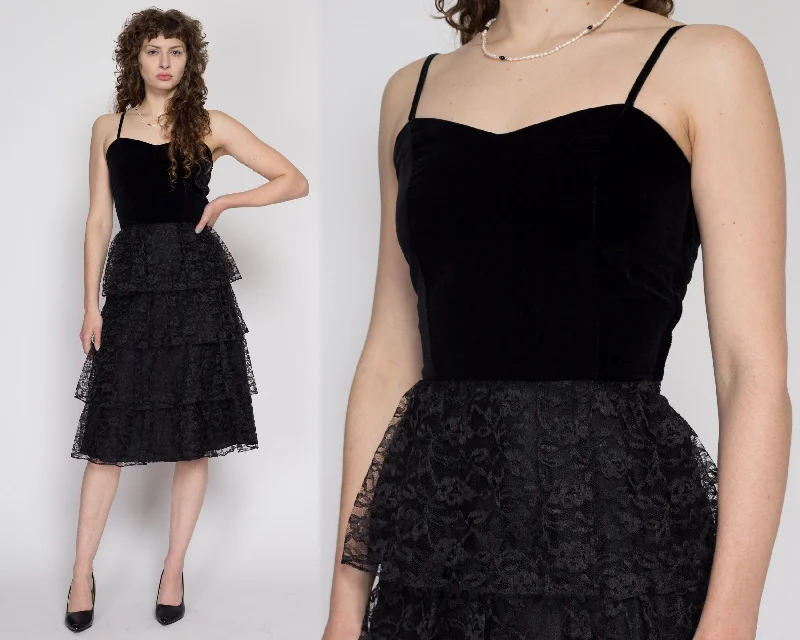 Small 80s Black Velvet & Lace Cupcake Party Dress Tunics Ceremony elegant