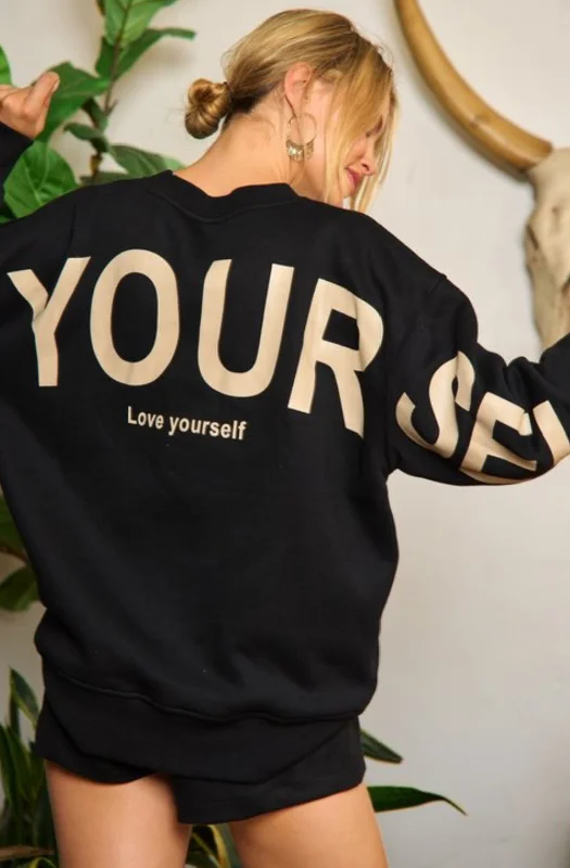 Salty Savage Ladies “BE YOURSELF” Drop Shoulder Oversized Sweatshirt Hoodie with Emblem Brand Identity Salty Savage Ladies “BE YOURSELF” Drop Shoulder Oversized Sweatshirt Hoodie with Emblem Brand Identity