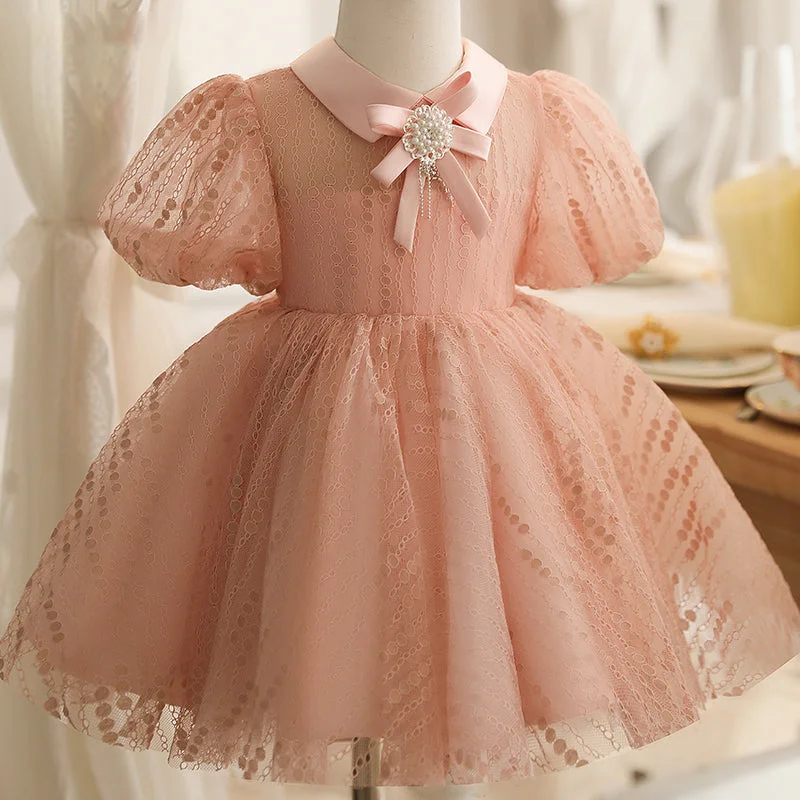 Baby Girl Summer Pink Puff Sleeves Bead Flower Princess Dress Tunics Timeless classic