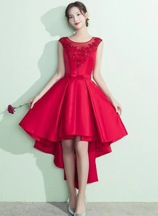 Lovely Satin High Low Round Neckline Party Dress, Red Homecoming Dress Square Neckline Feminine Lovely Satin High Low Round Neckline Party Dress, Red Homecoming Dress Square Neckline Feminine