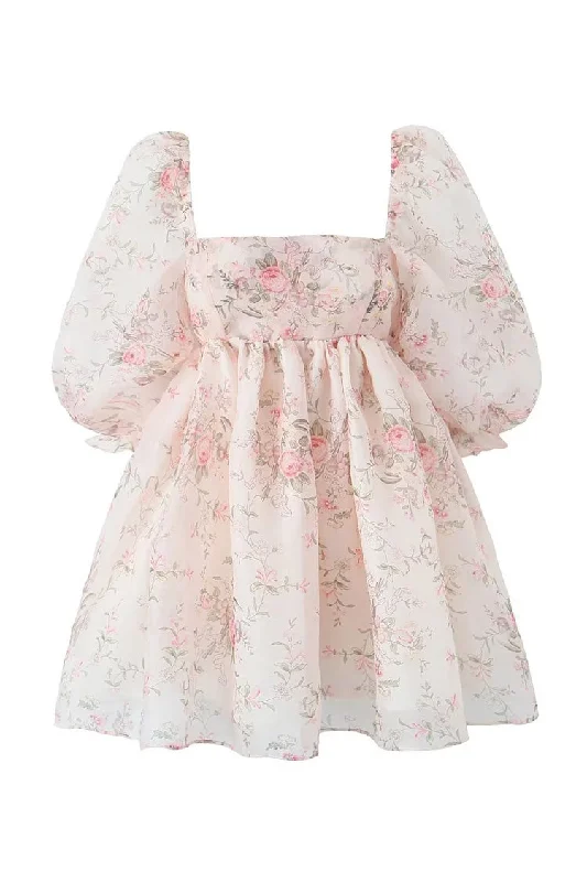 Sweet Printed Square Neck Puff Sleeve Organza Micro Mini Babydoll Dress Tunics Short Trendy