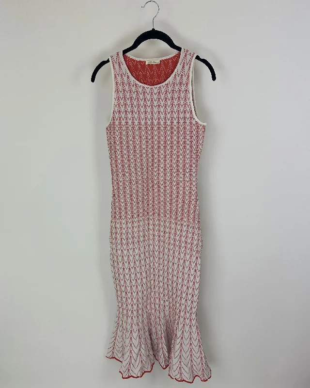 White and Burnt Orange Patterned Sleeveless Long Dress - Size 4/6 Square Neckline Feminine