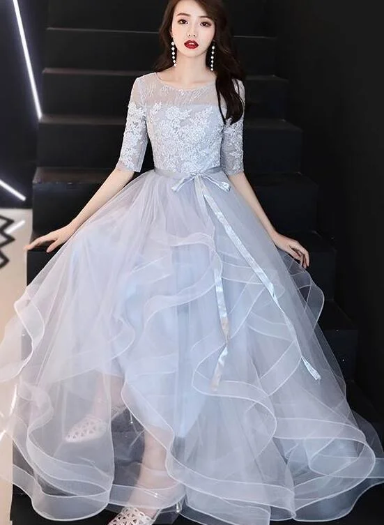 Lovely Grey Lace Round Neckline Party Dress, Tulle Prom Dress Tunics Floral girly