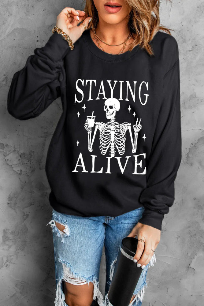 Gothic Skull Graphic Long Sleeve Sweatshirt for Women Hoodie with Hem Patch Decorative Personalized Gothic Skull Graphic Long Sleeve Sweatshirt for Women Hoodie with Hem Patch Decorative Personalized
