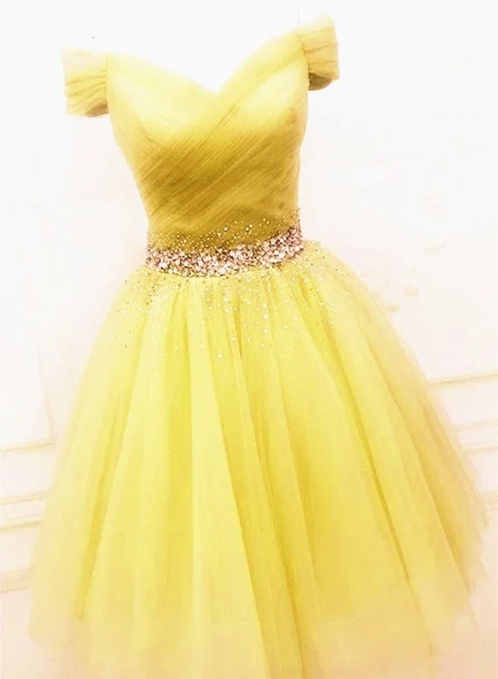 Lovely Light Yellow Short Tulle Off Shoulder Homecoming Dress, Yellow Prom Dress Party Dress Off-the-shoulder Bohemian Festive Lovely Light Yellow Short Tulle Off Shoulder Homecoming Dress, Yellow Prom Dress Party Dress Off-the-shoulder Bohemian Festive