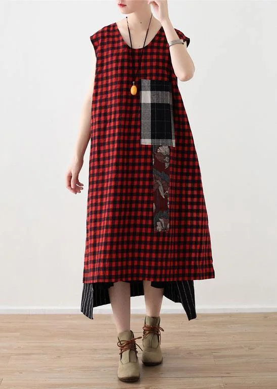Art Red Plaid Cotton Linen Asymmetrical Design Patchwork Party Dresses Boat Neckline Classic Art Red Plaid Cotton Linen Asymmetrical Design Patchwork Party Dresses Boat Neckline Classic