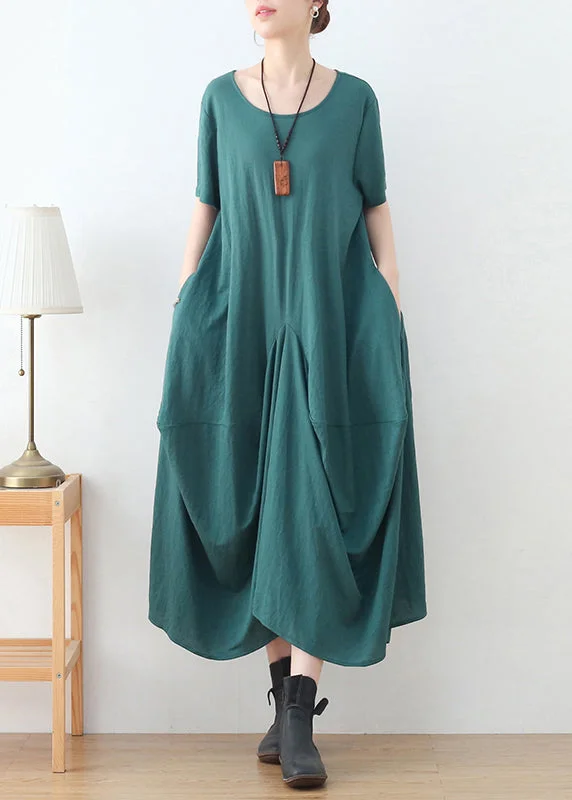 French Green O-Neck Wrinkled Cotton Party Dress Short Sleeve Sequined Elegant Party