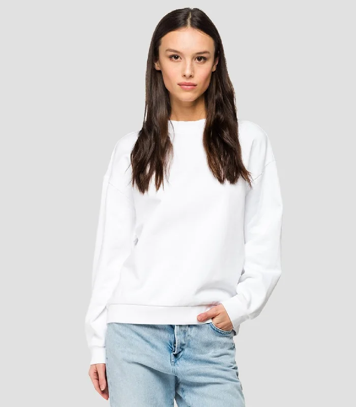 Replay W3269c Basic Crew Neck Sweatshirt with REPLAY floral embroidery, White Hoodie with Reflective Safety Nightwear Replay W3269c Basic Crew Neck Sweatshirt with REPLAY floral embroidery, White Hoodie with Reflective Safety Nightwear