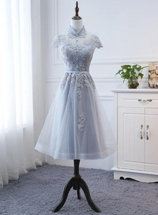 Light Grey Tulle with Lace Short Party Dress Homecoming Dress, Cap Sleeves Formal Dress Tunics Fashionable trendy Light Grey Tulle with Lace Short Party Dress Homecoming Dress, Cap Sleeves Formal Dress Tunics Fashionable trendy