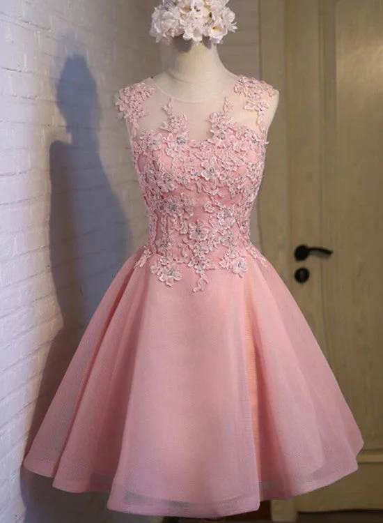 Elegant Pink Tulle Round Neckline Applique Party Dress, Charming Formal Dress Tunics Mesh breathable Elegant Pink Tulle Round Neckline Applique Party Dress, Charming Formal Dress Tunics Mesh breathable