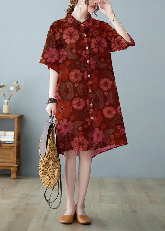Modern Red Button Stand Collar Floral Print Party Dress Half Sleeve Tunics Trousers formal Modern Red Button Stand Collar Floral Print Party Dress Half Sleeve Tunics Trousers formal