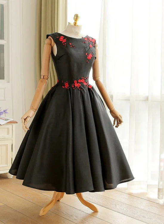 Black Vintage Style Tea Length Wedding Party Dress, Black Prom Dress Short Formal Dress Pleated Skirt Elegant Black Vintage Style Tea Length Wedding Party Dress, Black Prom Dress Short Formal Dress Pleated Skirt Elegant
