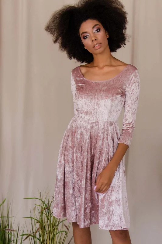 Pale Pink Crushed Velvet Skater 3/4 Sleeve Easter Party Dress - Women Tunics Versatile stylish Pale Pink Crushed Velvet Skater 3/4 Sleeve Easter Party Dress - Women Tunics Versatile stylish