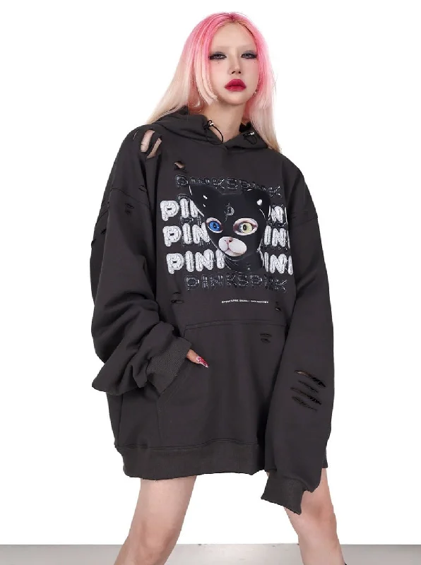 PINKSPINK Punk Cat Masked Hoodie - Dark Grey Hoodie with High Neck Warm Protective