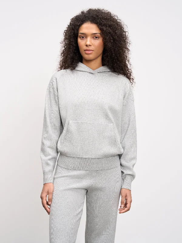 Womens Chunky Knitted Hoodie in Marl Grey Hoodie with Ribbed Neckline Snug Warm