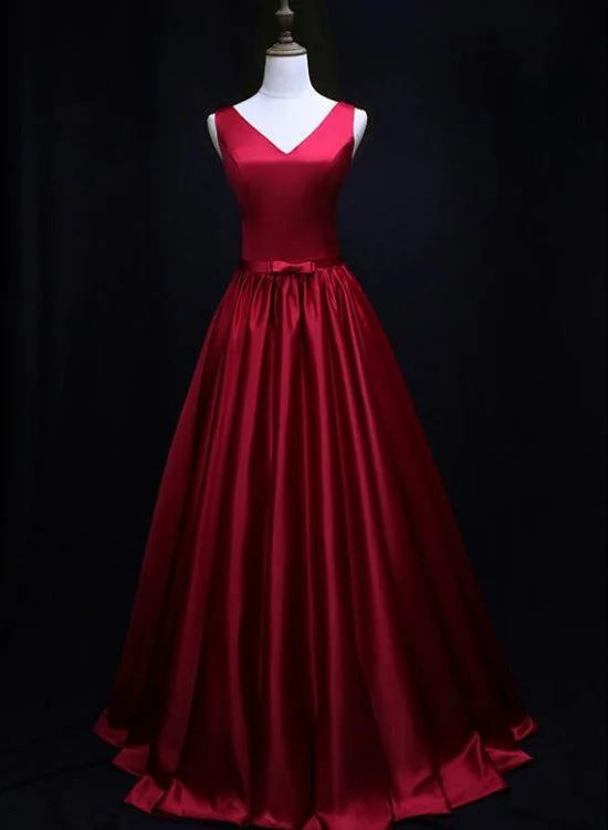 Red Satin V-neckline Floor Length Junior Prom Dress, Party Dress with Bow Pencil Length Work Red Satin V-neckline Floor Length Junior Prom Dress, Party Dress with Bow Pencil Length Work