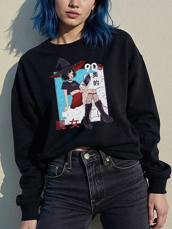 90's Aesthetic Witch Sweatshirt Hoodie with Rolled Sleeves Casual Relaxed