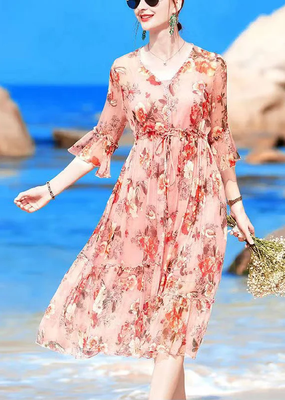 Fashion Pink V Neck Print Drawstring Chiffon Party Dress Flare Sleeve Tunics Favorite customer Fashion Pink V Neck Print Drawstring Chiffon Party Dress Flare Sleeve Tunics Favorite customer