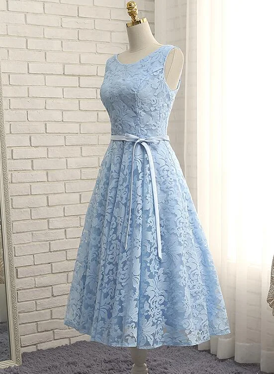 Blue Lace Tea Length Wedding Party Dress, Cute Party Dress Turtleneck Warm Winter