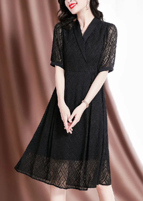 Simple Black Peter Pan Collar Hollow Out Tulle Silk Party Dress Short Sleeve Tunics Exclusive limited Simple Black Peter Pan Collar Hollow Out Tulle Silk Party Dress Short Sleeve Tunics Exclusive limited