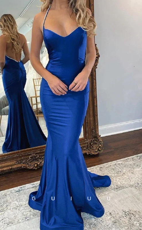 G4191 - Mermaid Strapless Halter Stain Dark Blue Backless Long Prom Party Dress with Train Tunics Short Trendy G4191 - Mermaid Strapless Halter Stain Dark Blue Backless Long Prom Party Dress with Train Tunics Short Trendy