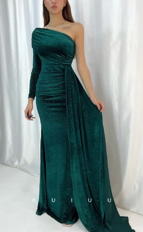 G3558 - Sexy & Hot Sheath One Shoulder Long Sleeves Draped Side Slit Floor-Length Party Dress With Overlay Tunics stripes playful G3558 - Sexy & Hot Sheath One Shoulder Long Sleeves Draped Side Slit Floor-Length Party Dress With Overlay Tunics stripes playful