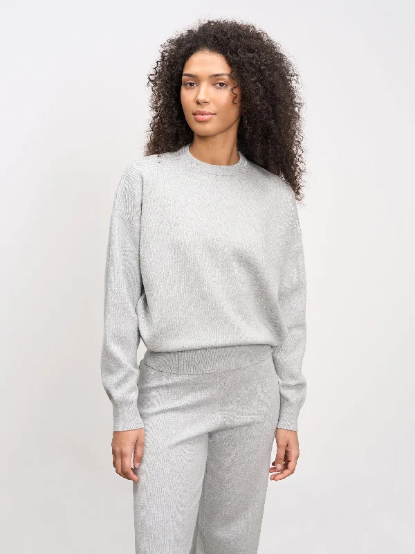 Womens Chunky Knitted Sweatshirt in Marl Grey Hoodie with Crew Neck Simple Timeless