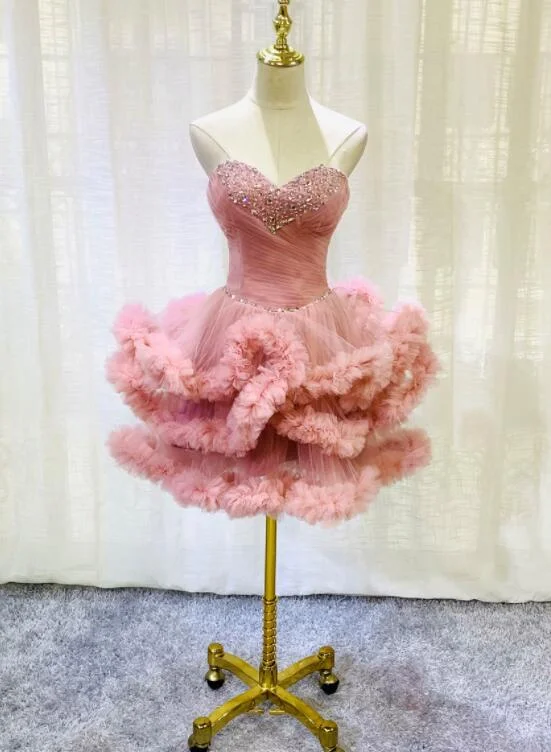 Lovely Pink Sweetheart Beaded Short Cocktail Dress, Pink Homecoming Dress Party Dress Tunics Polka dots Lovely Pink Sweetheart Beaded Short Cocktail Dress, Pink Homecoming Dress Party Dress Tunics Polka dots