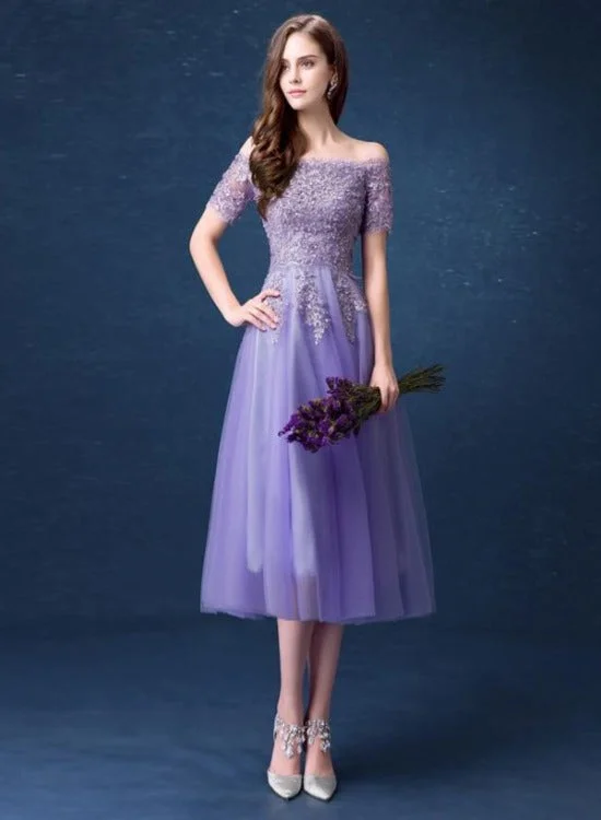 Lavender Tulle Short Lace Applique Beaded Off Shoulder Party Dress, Short Homecoming Dresses Tunics Stylish elegant Lavender Tulle Short Lace Applique Beaded Off Shoulder Party Dress, Short Homecoming Dresses Tunics Stylish elegant