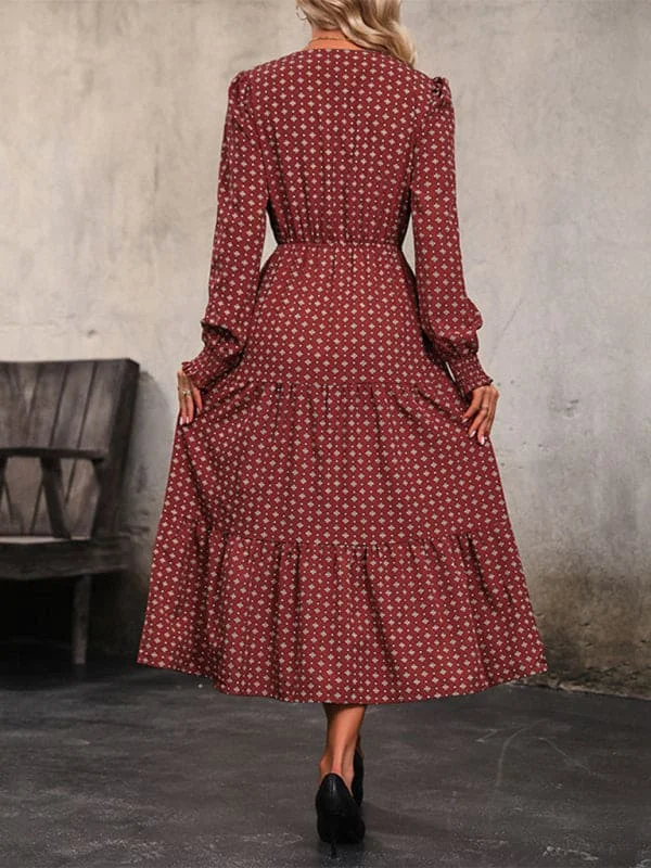 New women's long sleeve printed V-neck waist dress Turtleneck Warm Winter