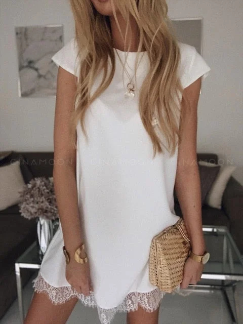 Short Sleeve Straight Splice Lace Mini Party Dresses A-Line Day Work