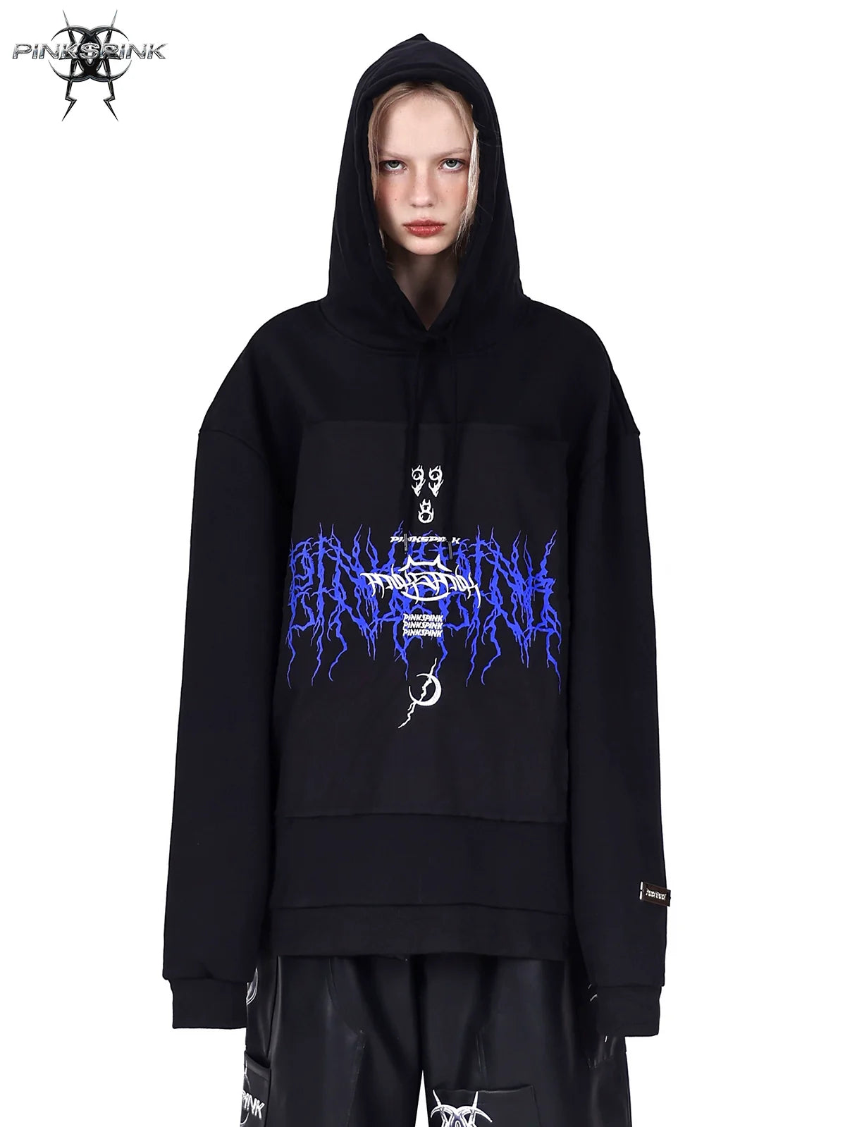 PINKSPINK Gothic Electric Hoodie - Black with Blue Accents Hoodie with Hem Detail Decorative Unique PINKSPINK Gothic Electric Hoodie - Black with Blue Accents Hoodie with Hem Detail Decorative Unique