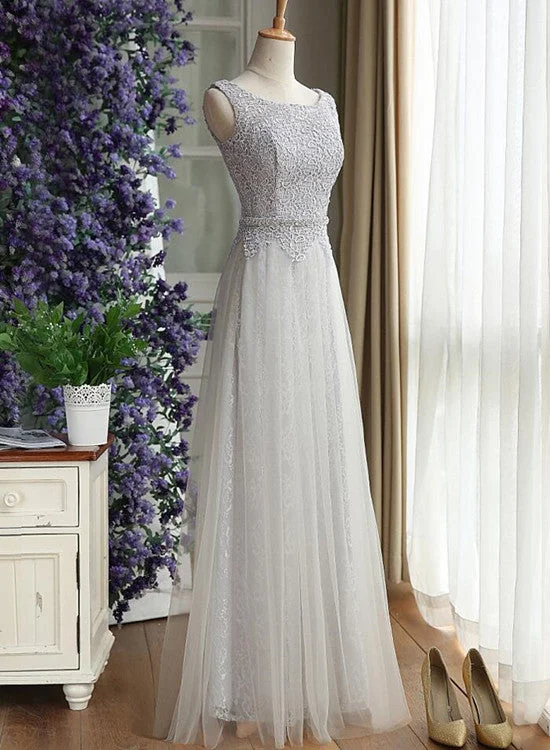 Beautiful Light Grey Lace and Tulle Long Party Dress, A-line Prom Dress Tunics Plaid country Beautiful Light Grey Lace and Tulle Long Party Dress, A-line Prom Dress Tunics Plaid country