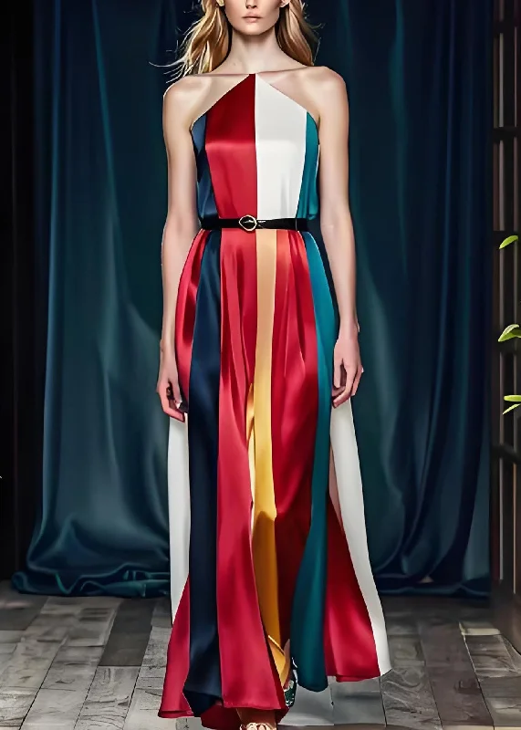 French Colorblock Cold Shoulder Tie Waist Silk Party Dress Sleeveless Tunics Velvet soft French Colorblock Cold Shoulder Tie Waist Silk Party Dress Sleeveless Tunics Velvet soft