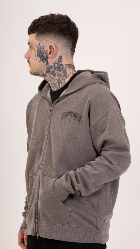 Zip Faded Metal Logo Hoodie - Grey Hoodie with Stripes Bold Sporty