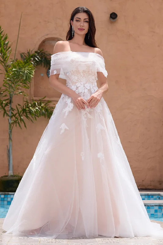 White A Line Off the Shoulder Tulle Lace Bridal Party Dress with Embroidery Tunics Designer luxury
