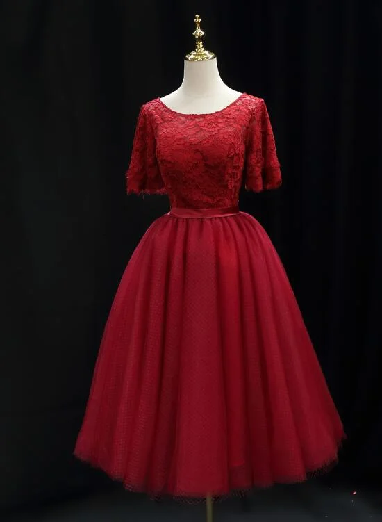 Red Lace Top Short Sleeves Tulle Tea Length Party Dress, Red Wedding Party Dress Sequined Elegant Party Red Lace Top Short Sleeves Tulle Tea Length Party Dress, Red Wedding Party Dress Sequined Elegant Party