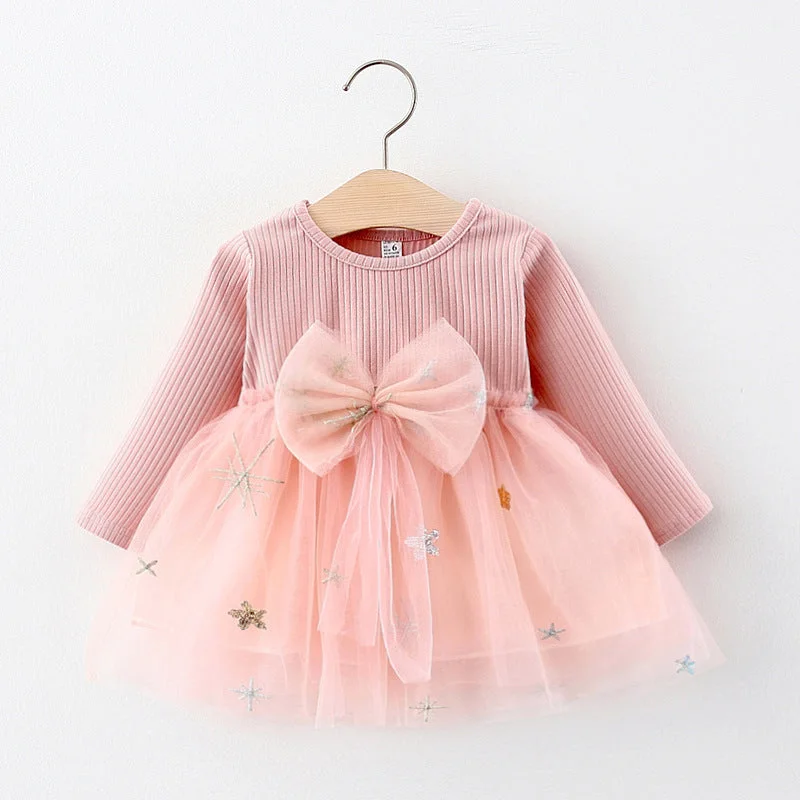 Baby Girl Cute Long Sleeve Sequins Bow Princess Dress Tunics Fall fleece