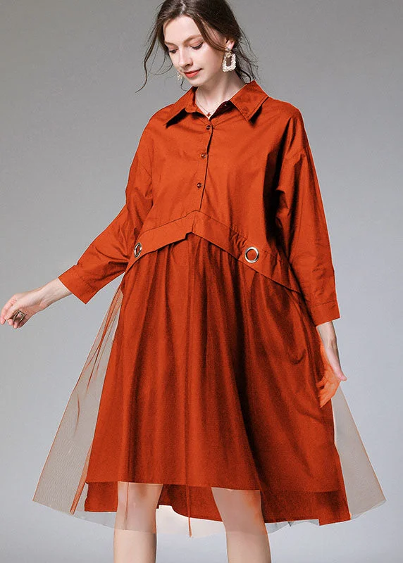 Comfy Orange Peter Pan Colla Cotton Button Fall Party Dress Tunics Floral girly
