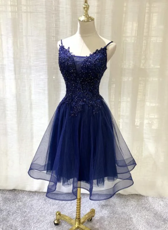Navy Blue V-neckline Tulle Short Homecoming Dress, Lace Applique Short Party Dress Off-the-shoulder Chic Trendy Navy Blue V-neckline Tulle Short Homecoming Dress, Lace Applique Short Party Dress Off-the-shoulder Chic Trendy