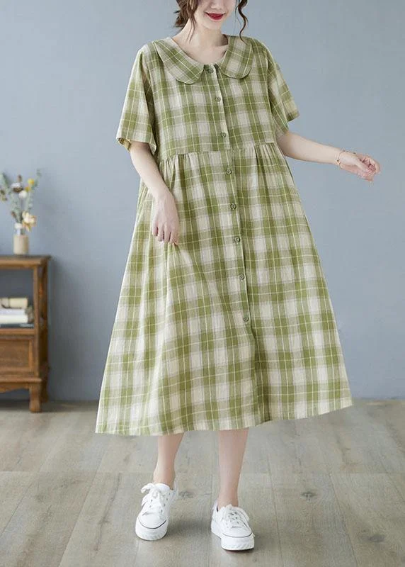 Boho Green Plaid Peter Pan Collar Button Summer Party Dress Half Sleeve Pencil Length Work Boho Green Plaid Peter Pan Collar Button Summer Party Dress Half Sleeve Pencil Length Work
