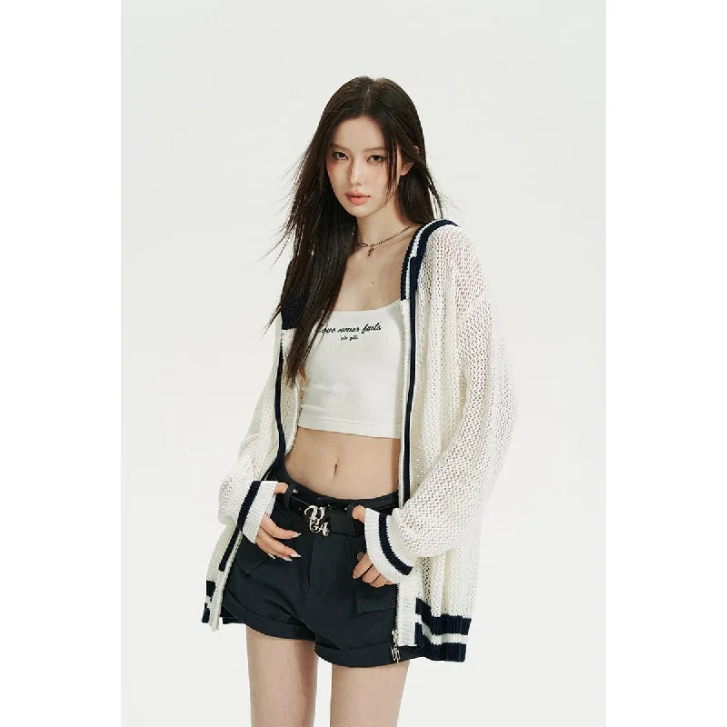 White Color Blocked Knit Zip Hoodie Hoodie with Typography Text Message
