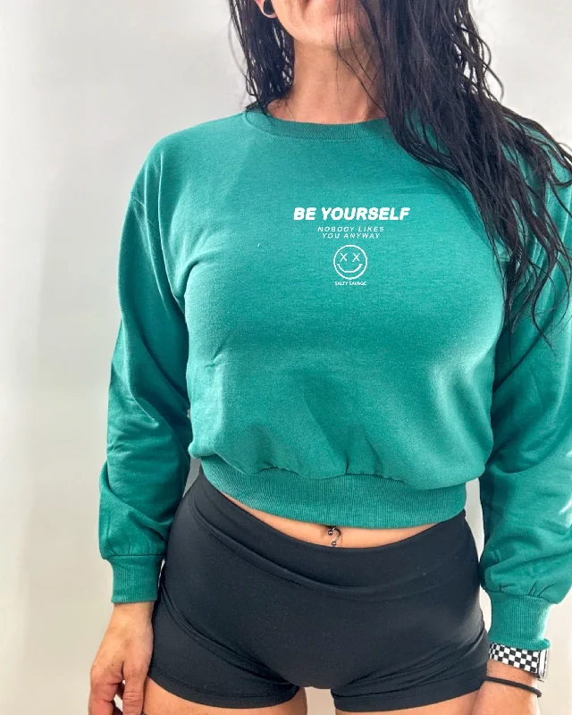 Salty Savage Ladies “Be Yourself” Crewneck Crop Sweatshirt | Micro Hoodie with Reflective Safety Nightwear Salty Savage Ladies “Be Yourself” Crewneck Crop Sweatshirt | Micro Hoodie with Reflective Safety Nightwear