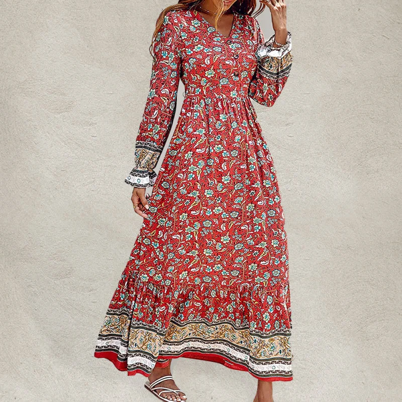 Women's Bohemian V Neck Elastic Waist Long Sleeves Swing Long Dress Crew Neckline Sporty