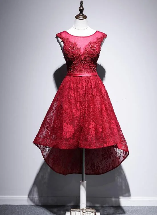 Beautiful High Low Lace Dark Red Party Dress, High Low Homecoming Dress Tunics Print Colorful
