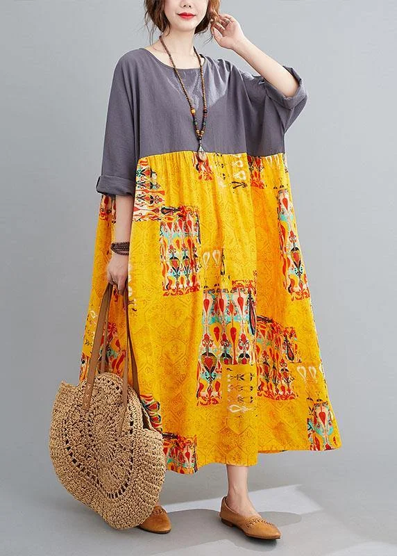 Grey Patchwork Yellow Print O-Neck Pockets Summer Party Dresses Tunics Sophisticated sleek Grey Patchwork Yellow Print O-Neck Pockets Summer Party Dresses Tunics Sophisticated sleek