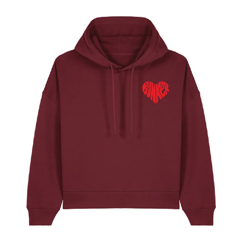 Bunker Woman Heart Hoodie Burgundy Red Hoodie with Typography Text Message