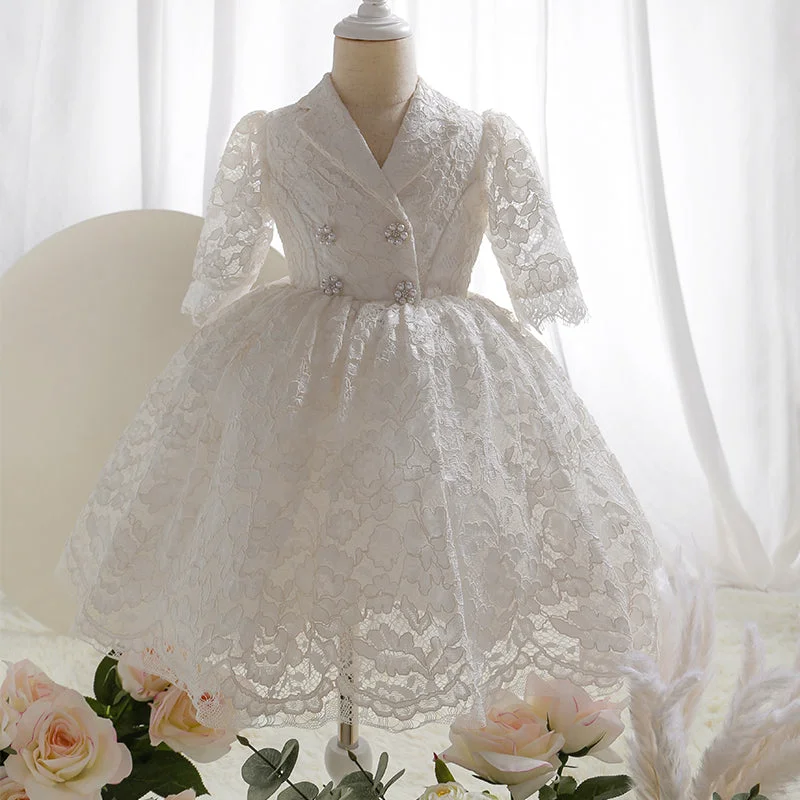 First Communion Dress Baby Girl Elegant Lace Flower Button Formal Princess Dress Tunics Long Elegant